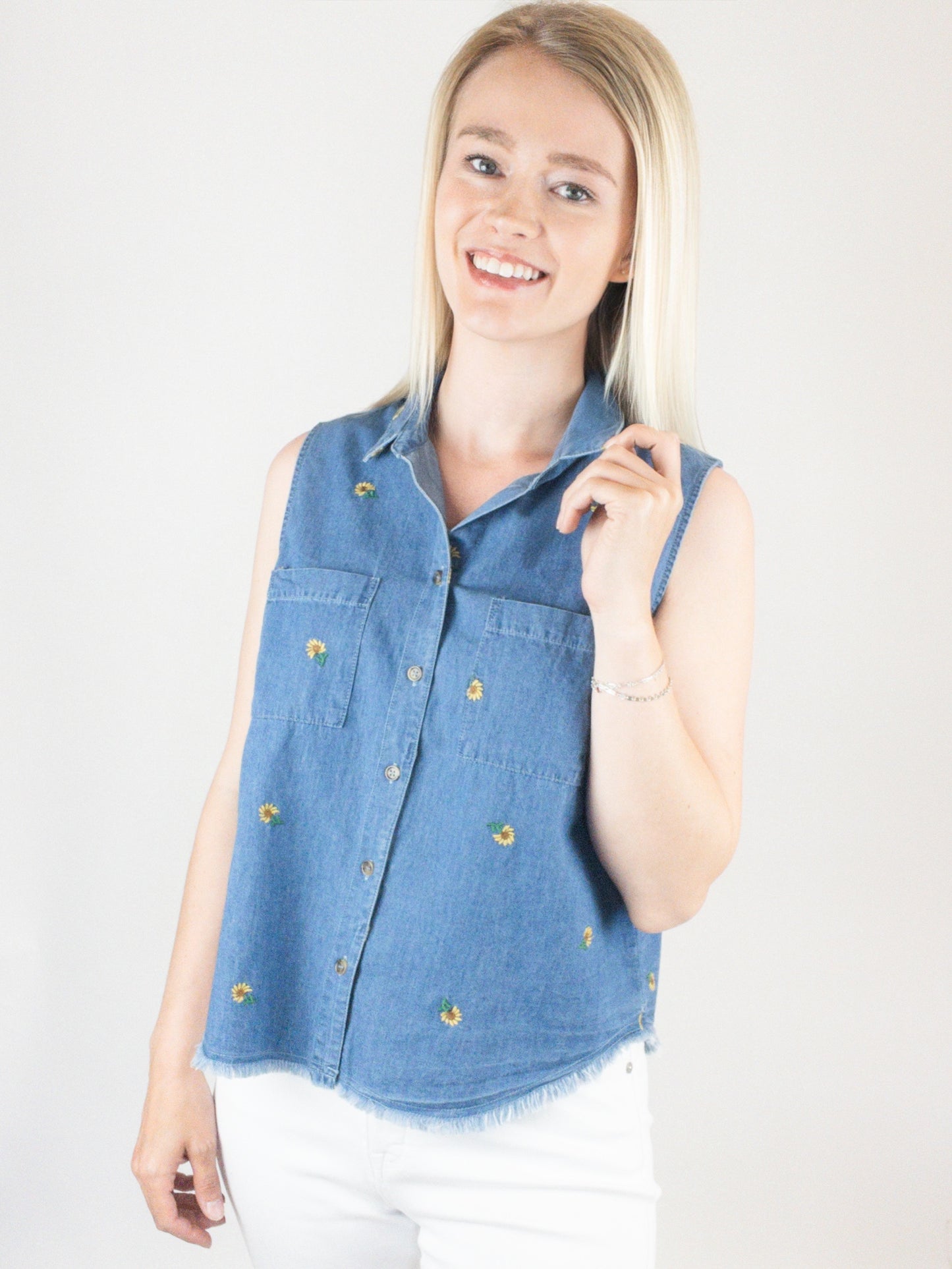 Flower Embroidered Tencel Shirt
