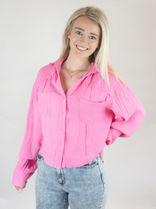 Bright Pink Gauze Button Up