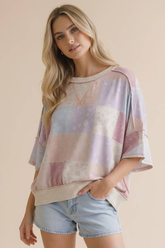 Plus Oversized Flutter Sleeve Patchwork Floral Top