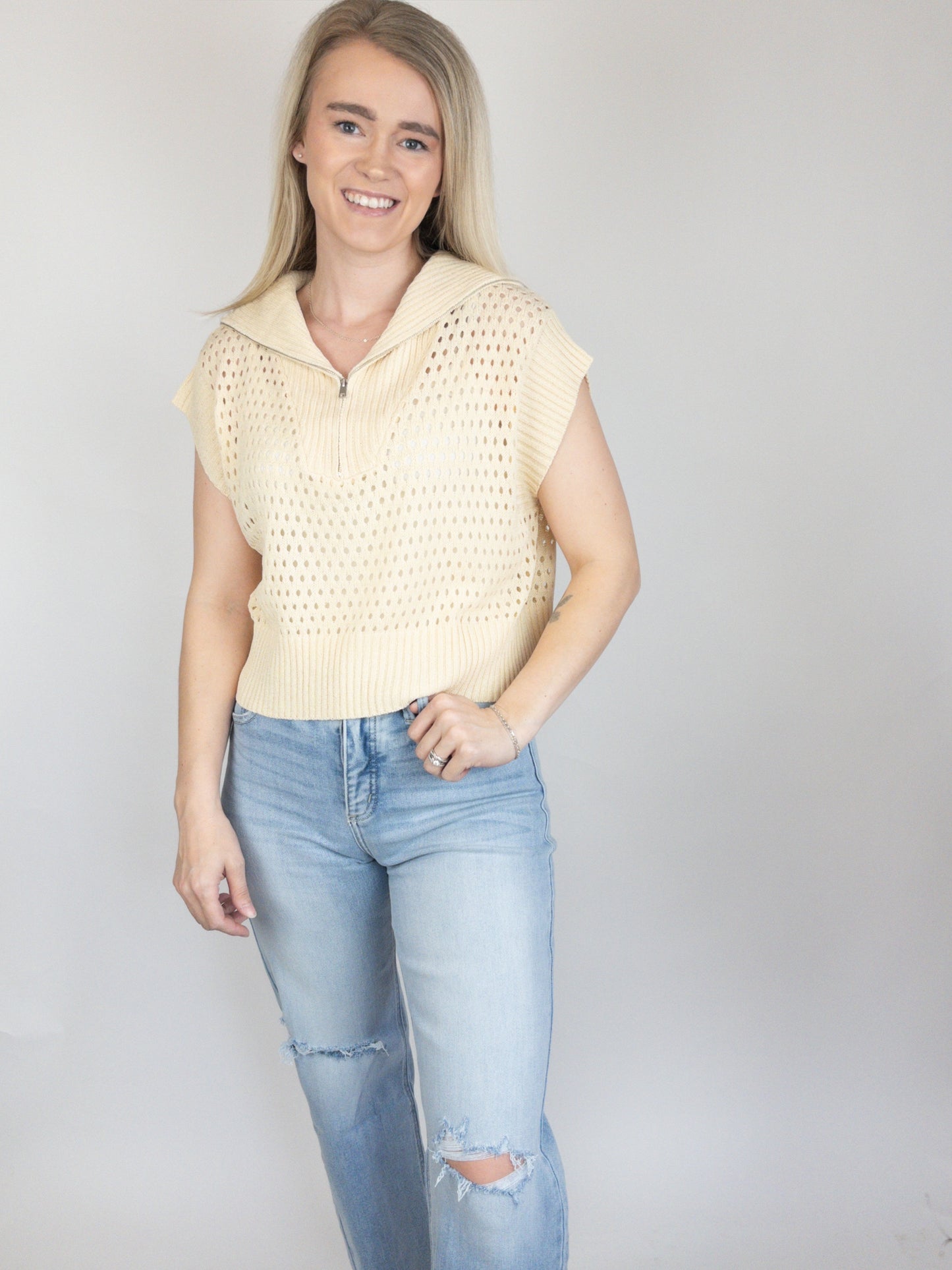 Butter Fishnet Zip-Up Sweater Top