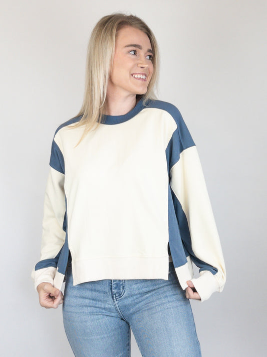 Butter Yellow & Navy Colorblock Terry Pullover Sweatshirt