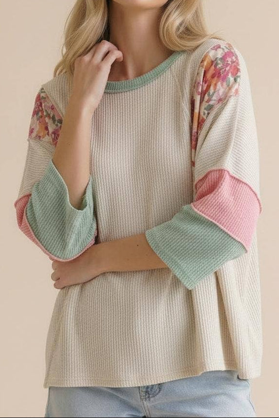 Plus Size Floral Color Block Wavy Rib Top
