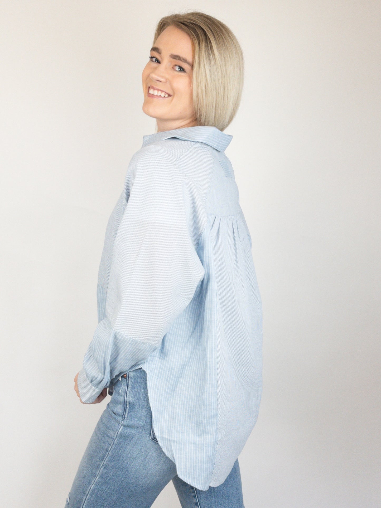 Blue Mixed Stripe Oversized Button Down Top