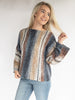 Chunky knit sweater with multi colors of navy, tan, brown and cream