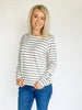 Stripe Scuba Knit Button-Sleeve Crew Neck Top