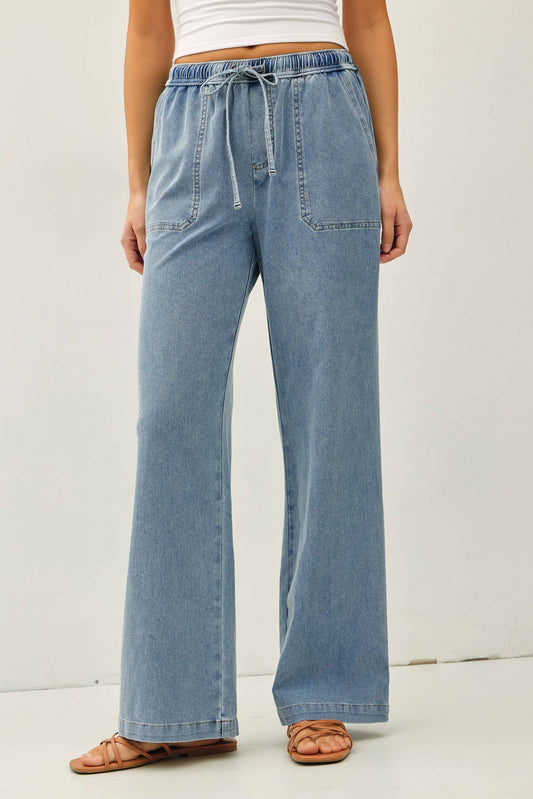 Medium Wash Knit Denim Wide Leg Pants