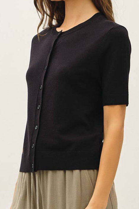 Black Short Sleeve Button Front Cardigan
