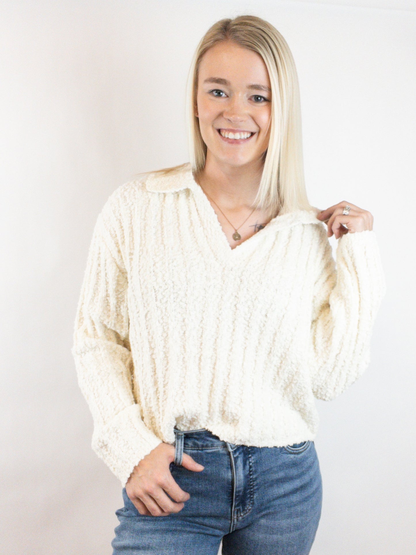 Cream Boucle Collared Sweater