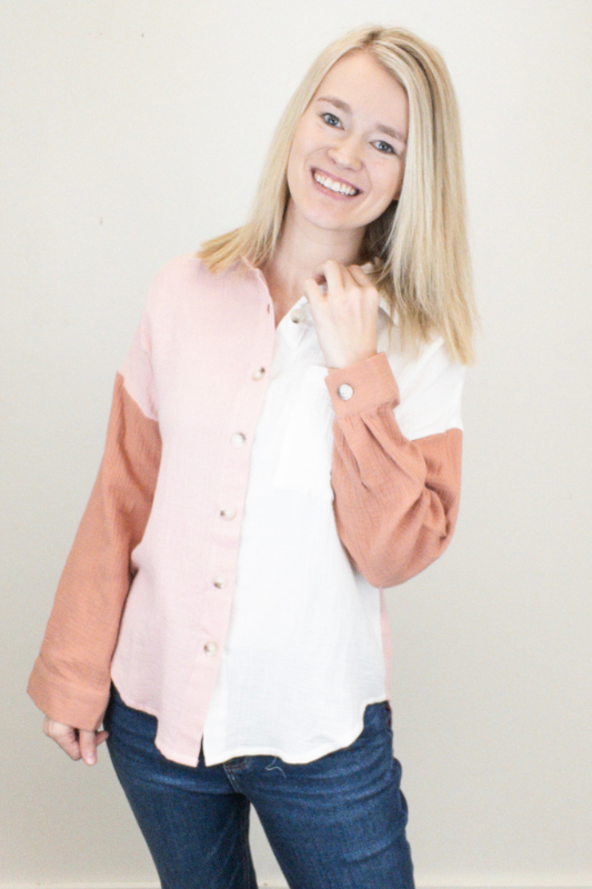 Pink Color Block Button Down