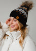 Black, White, Mustard & Blue Patterned Pom Hat