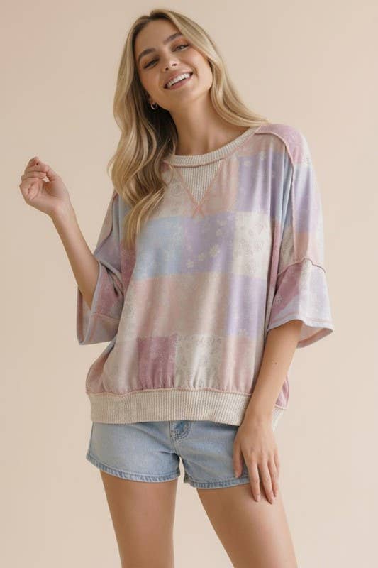 Plus Oversized Flutter Sleeve Patchwork Floral Top