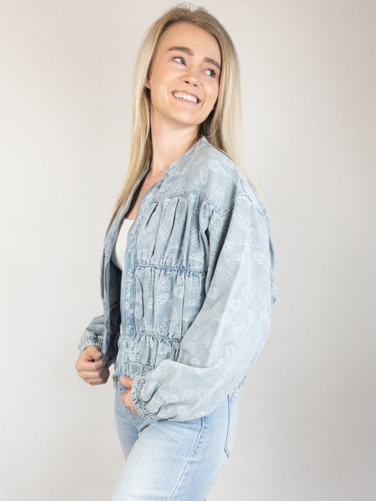Paisley Ruched Denim Bomber Jacket