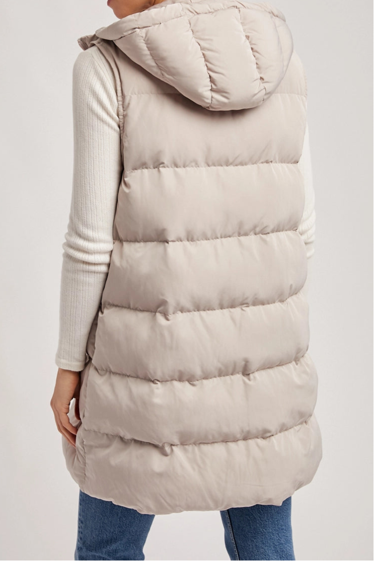 Beige Hooded Zipper Down Long Puffer Vest