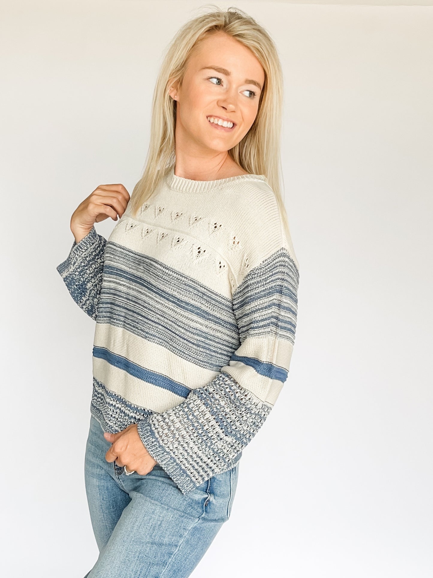 Color Block Bell Sleeve Boat Neck Sweater Slateblue