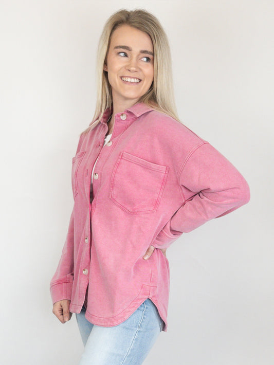 Watermelon Pink Washed Knit Shacket