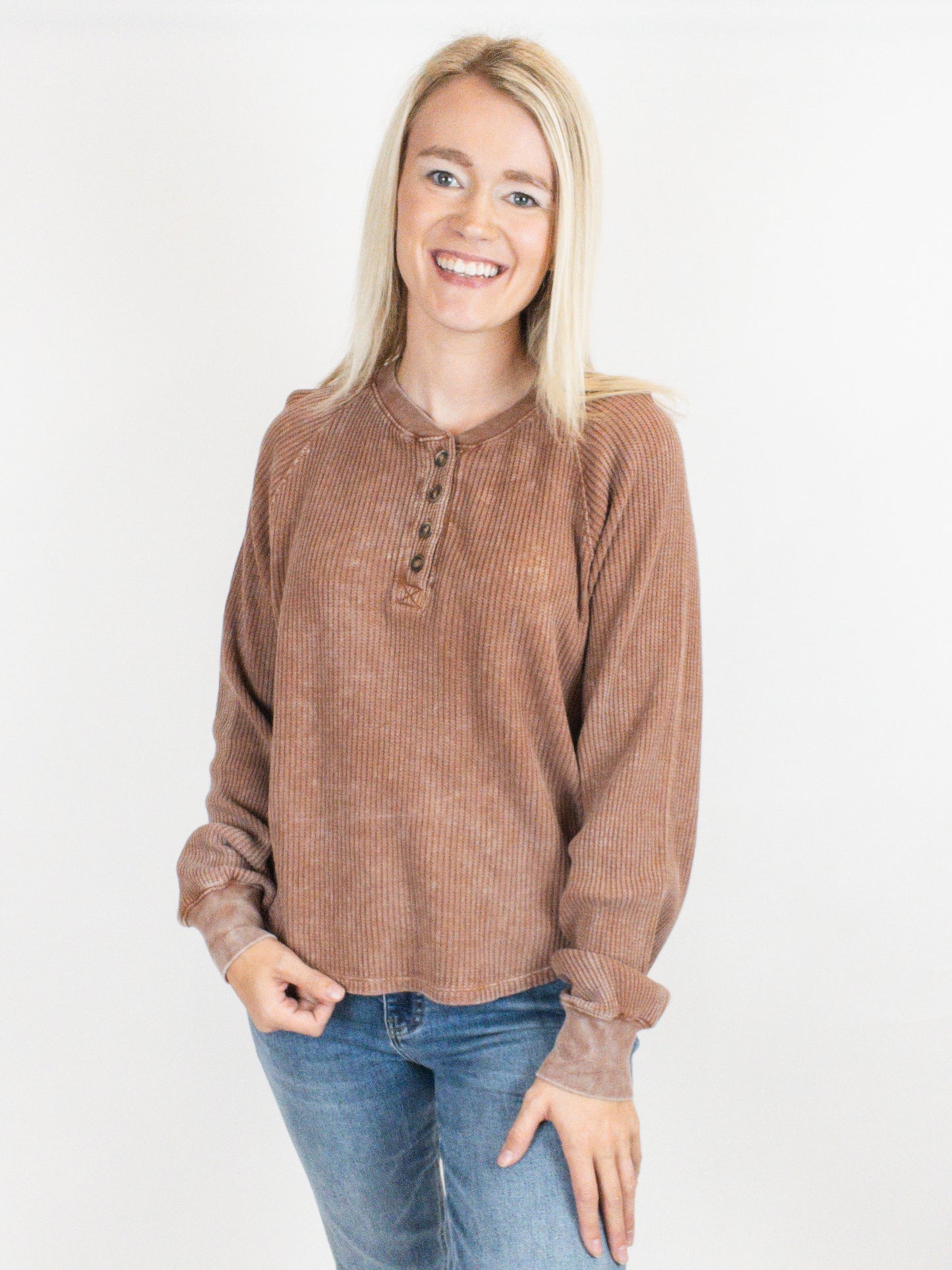 Henley Waffle Knit Top - Chocolate