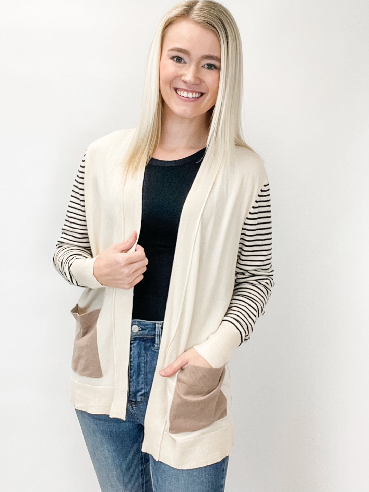 Stripe Sleeve Soft Cardigan