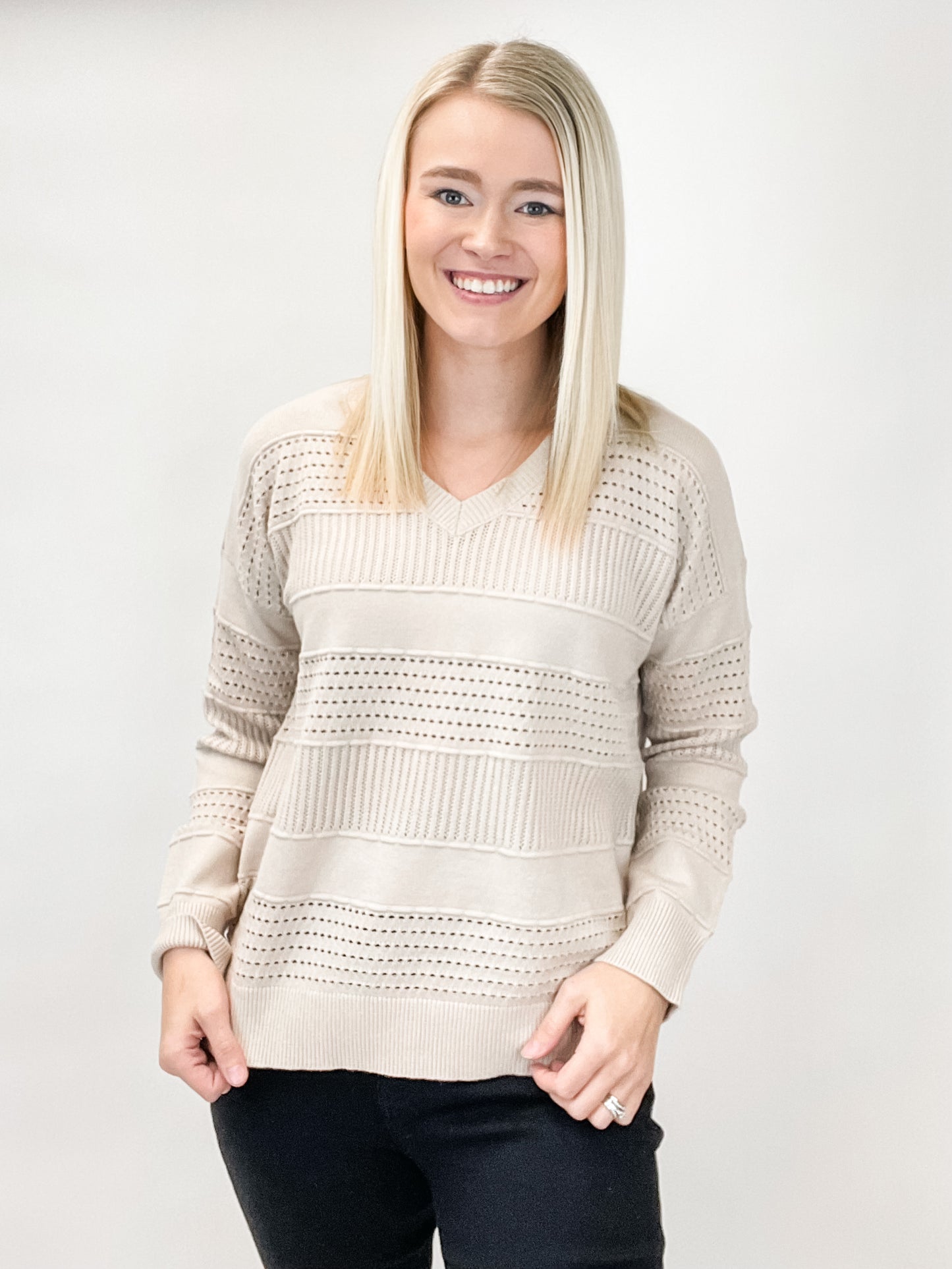 Taupe Pointelle V-Neck Sweater