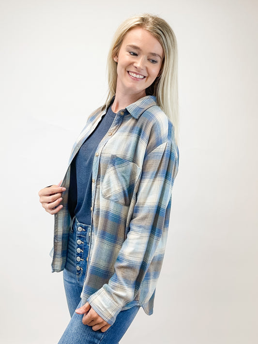 Retro Blue Vintage Plaid Boxy Shirt