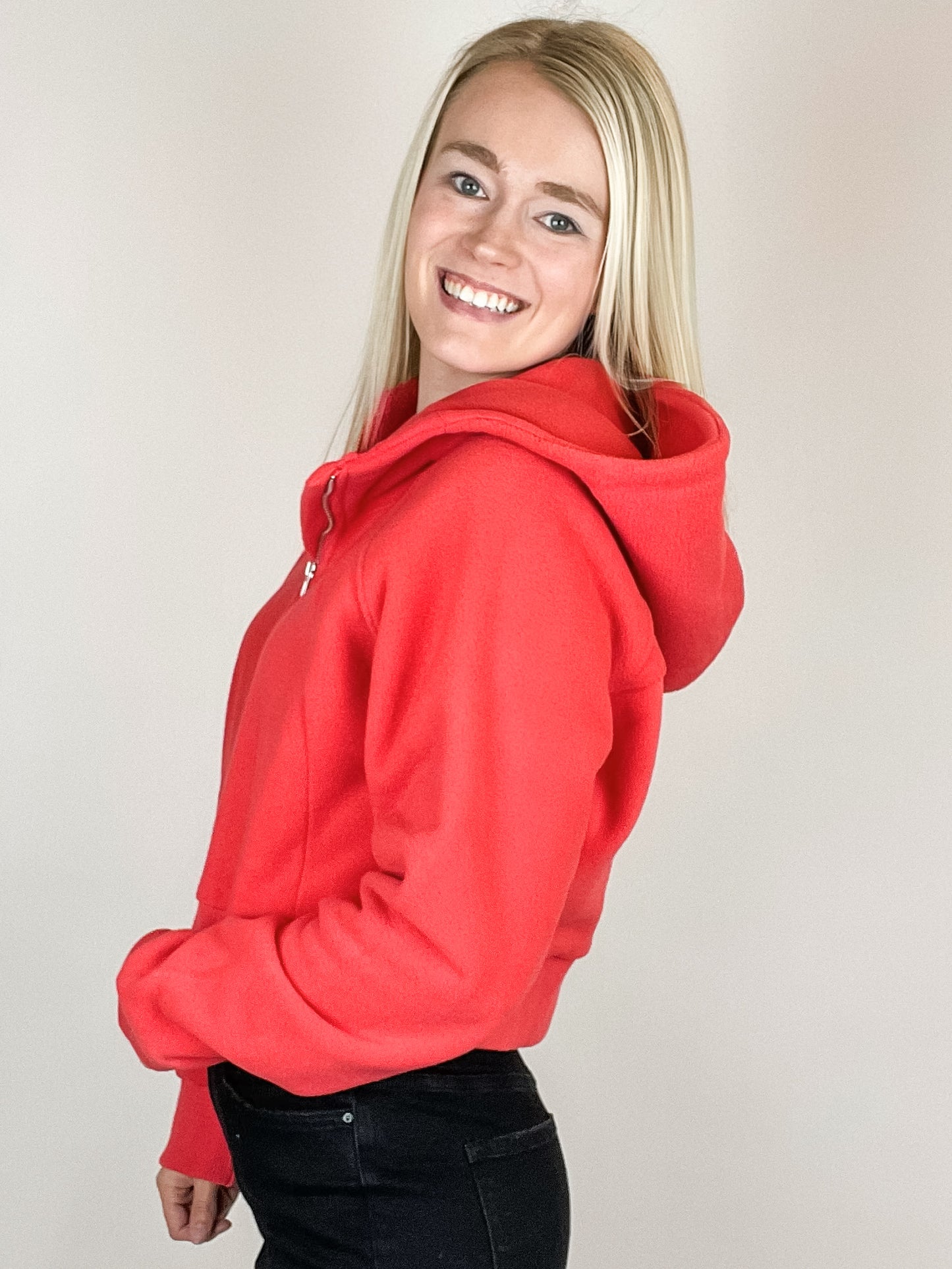 Cherry Red Fleece Zip Cropped Sweatshirt