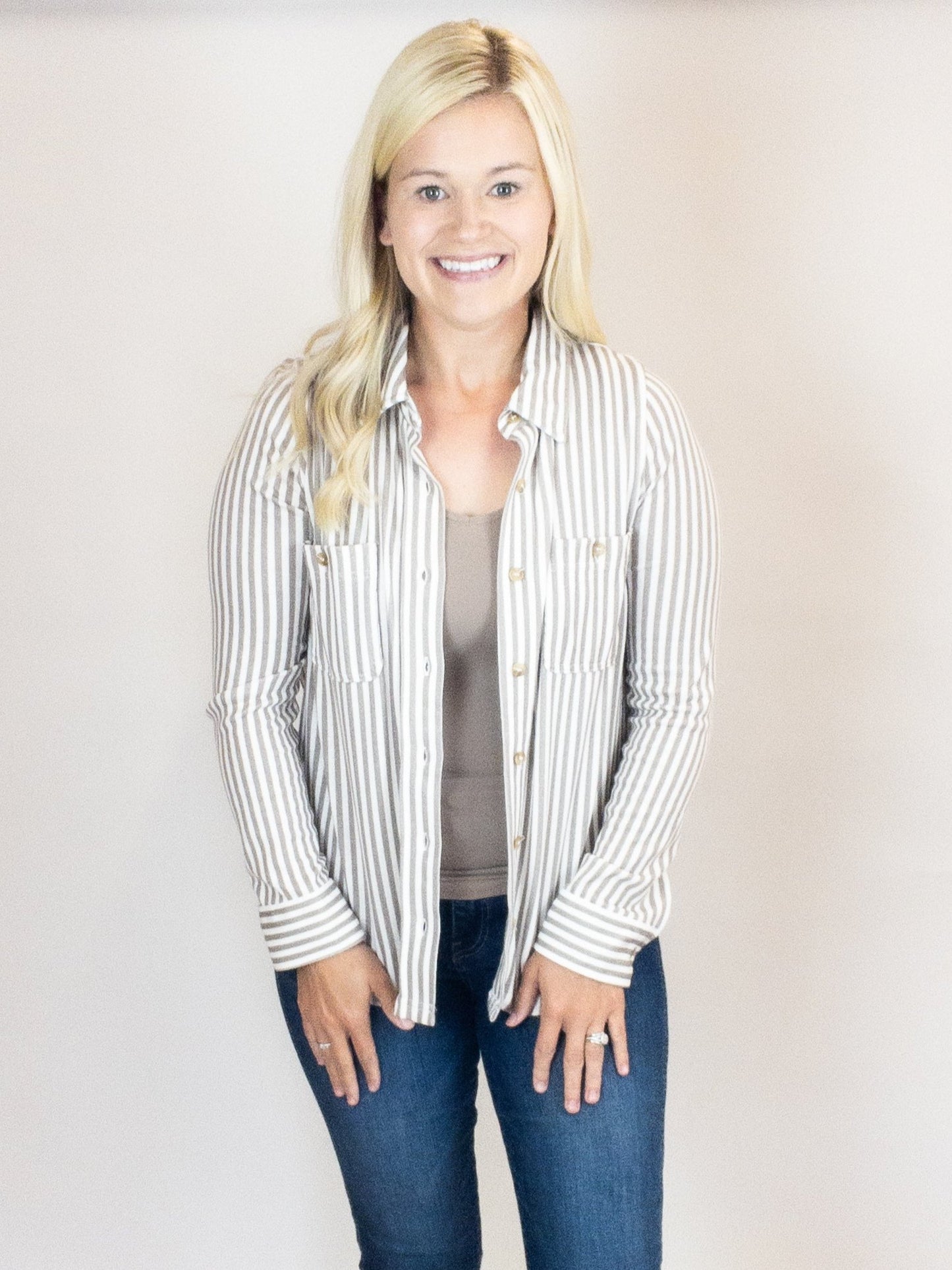 Mocha Button Down Stripe Top