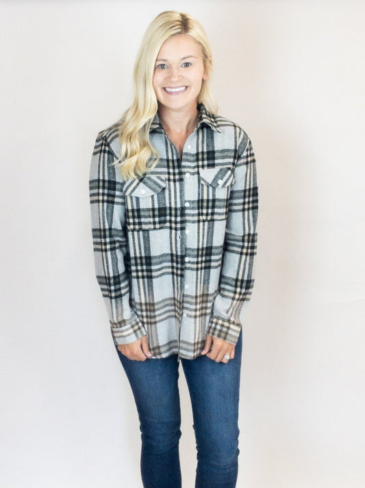 Grey, Tan & Olive Plaid Flannel