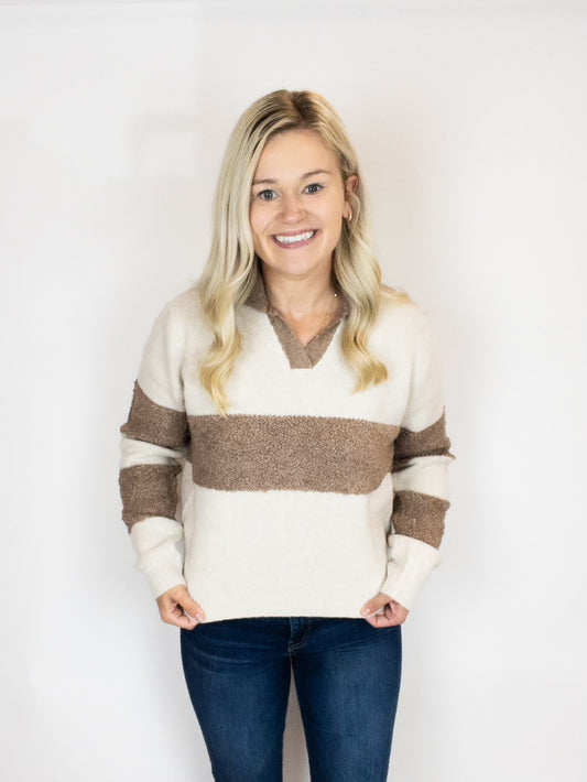 Mocha Collared V-Neck Sweater with Stripe