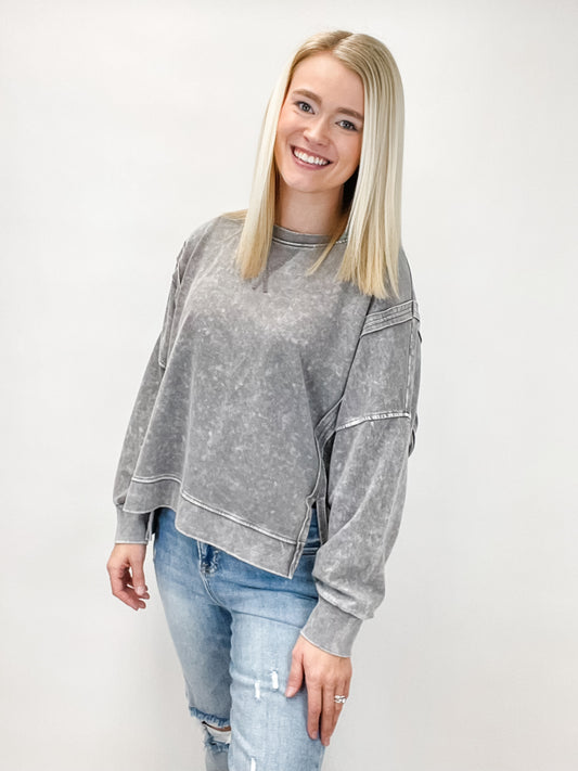 Grey Mineral Wash Pullover Top