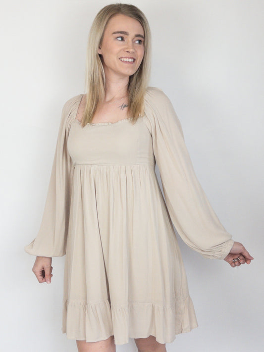 Ecru Textured Square Neck Puff Sleeve Midi Dress