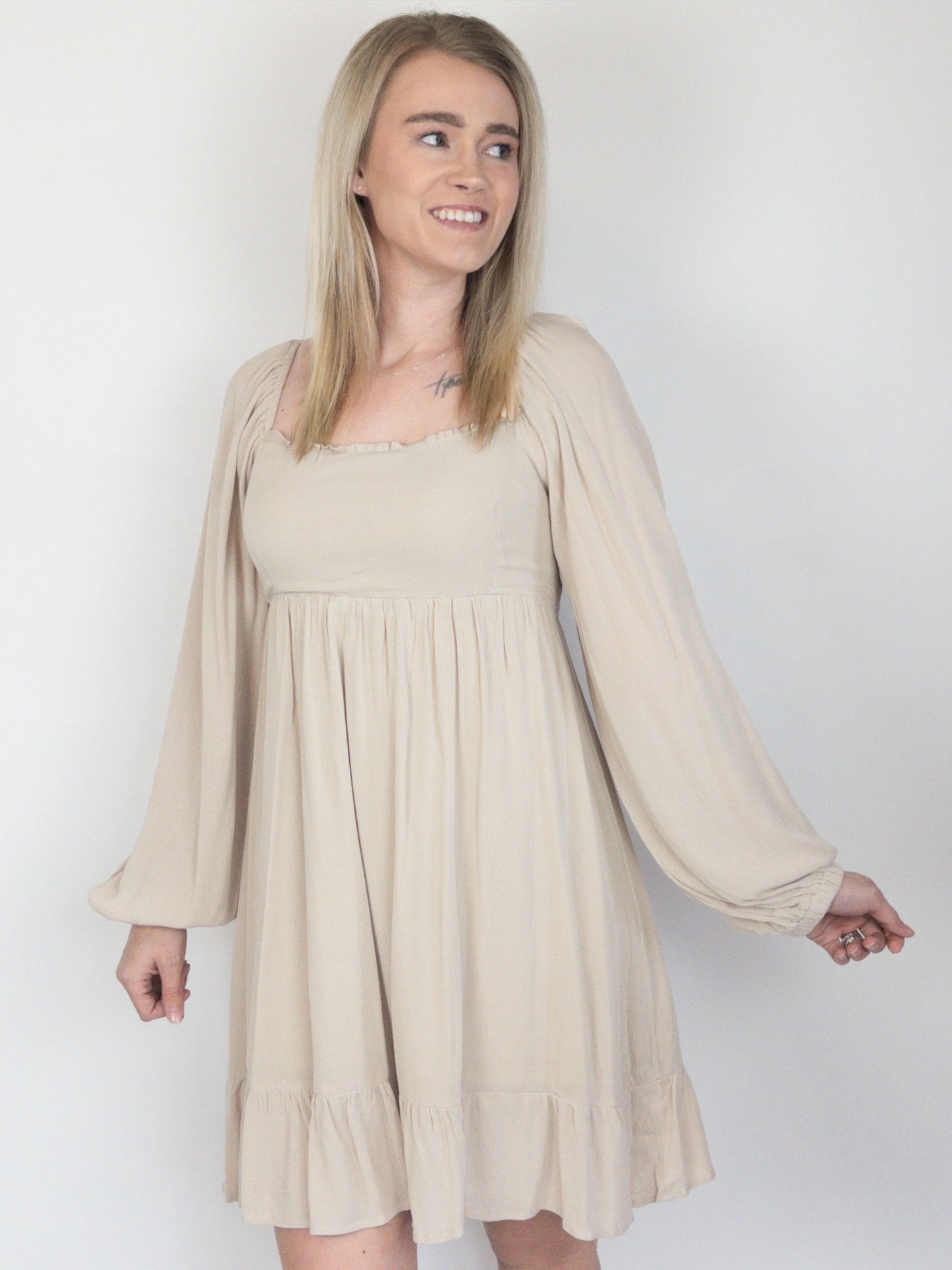 Ecru Textured Square Neck Puff Sleeve Midi Dress