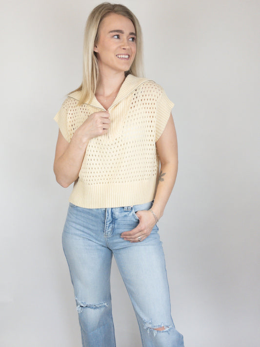 Butter Fishnet Zip-Up Sweater Top
