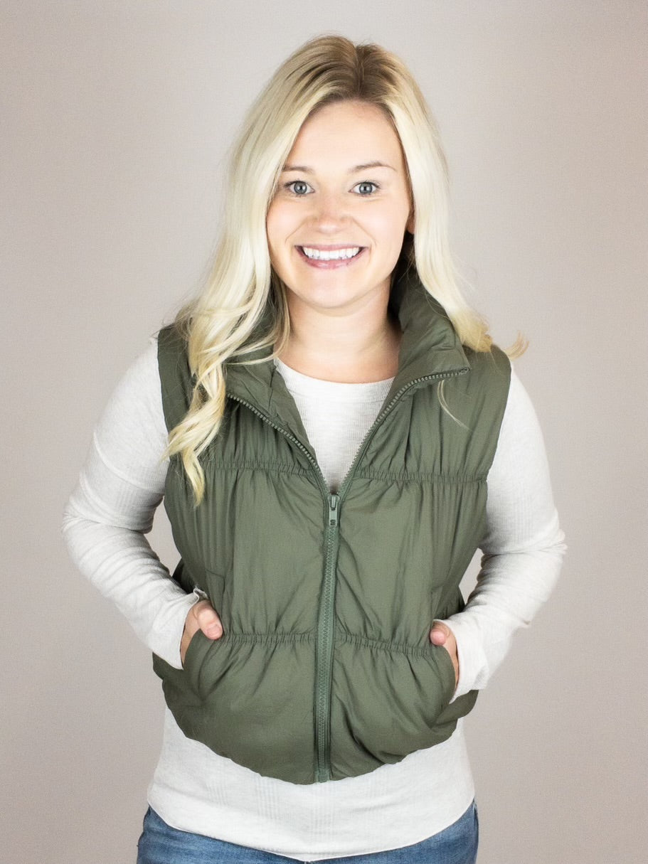 Olive Cropped Puffer Vest