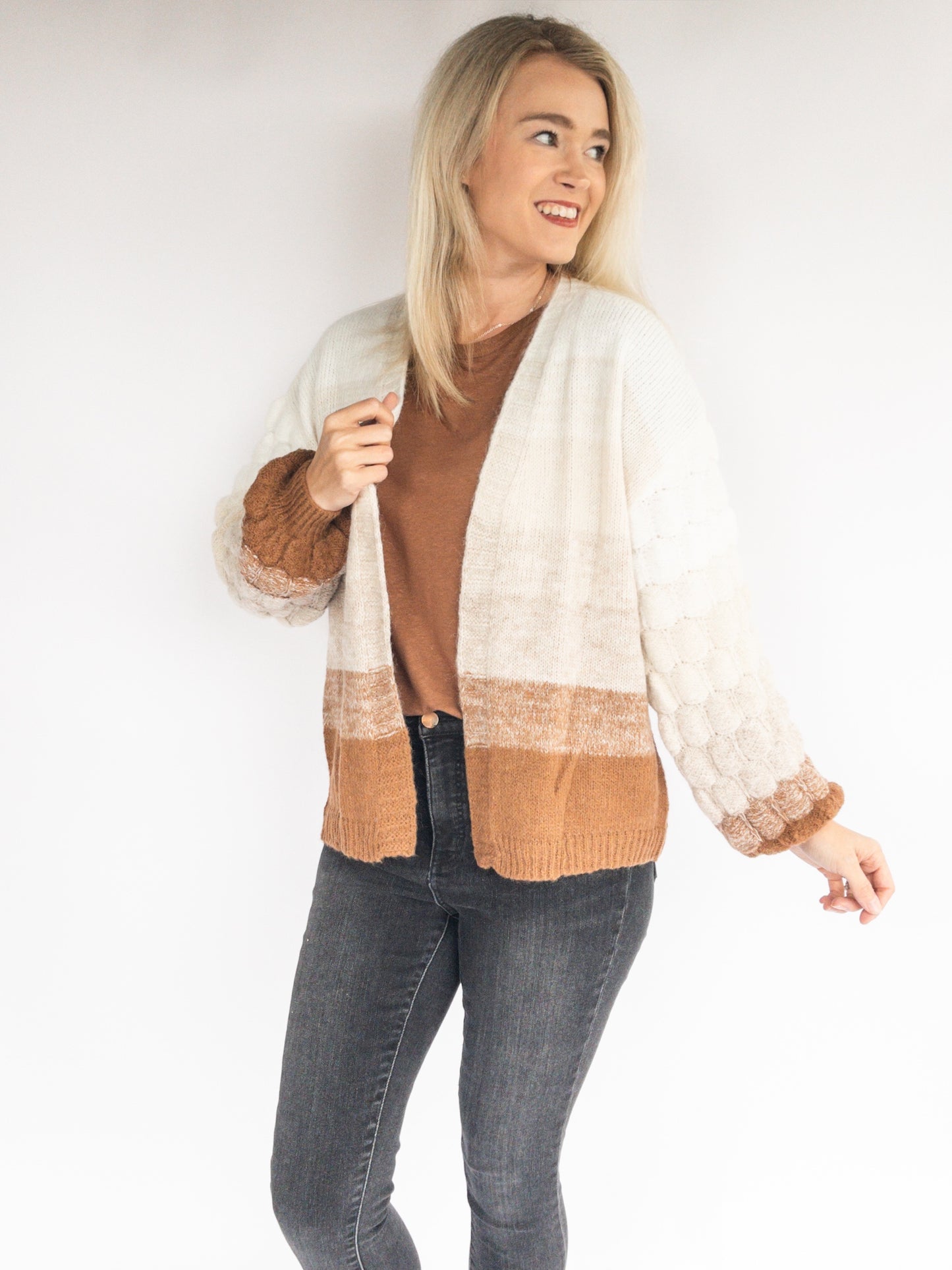 Chunky knit balloon sleeve ombre stripe cozy cardigan with warm colors