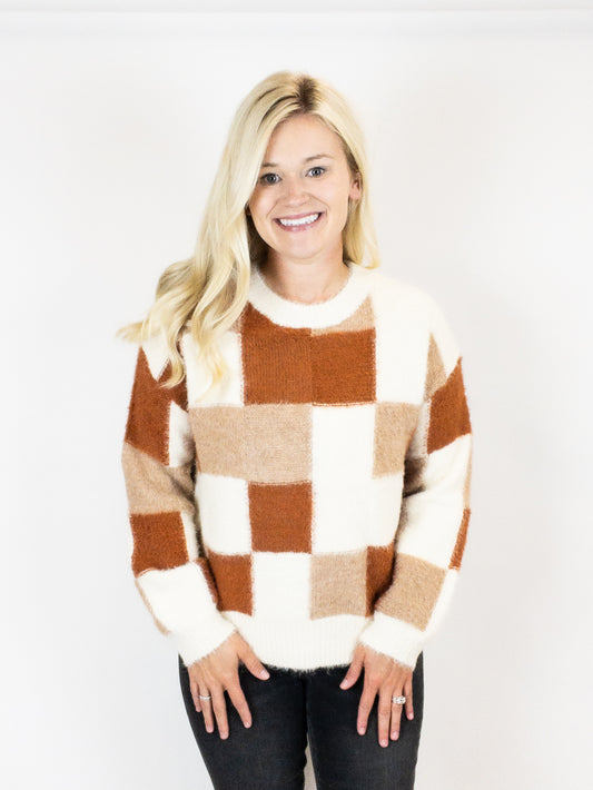 Rust/Ivory Color Mosaic Pullover Sweater