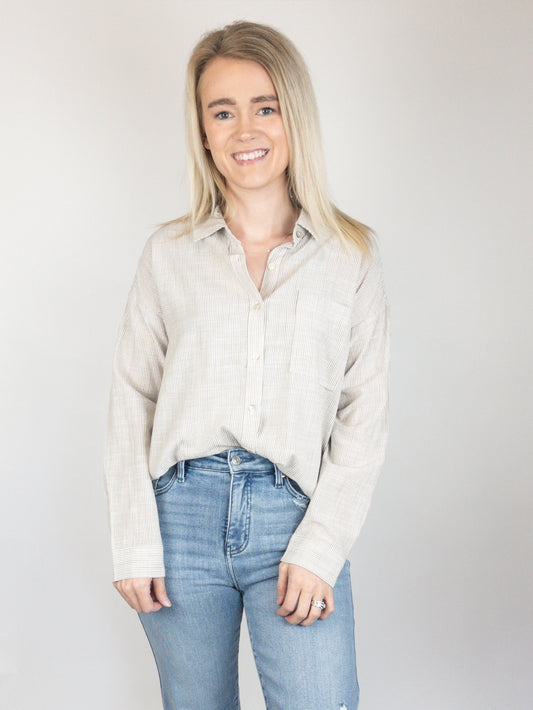 Khaki Stripe Oversized Button Down Top