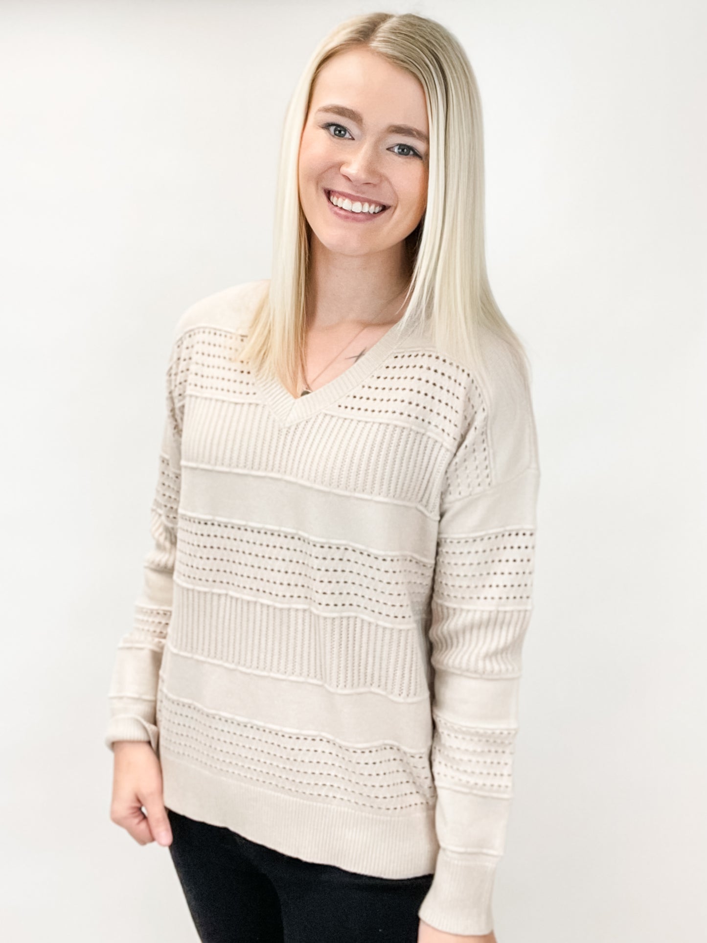 Taupe Pointelle V-Neck Sweater