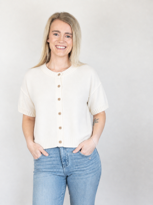 Natural Raw Edge Detail Short Sleeve Knit Cardigan