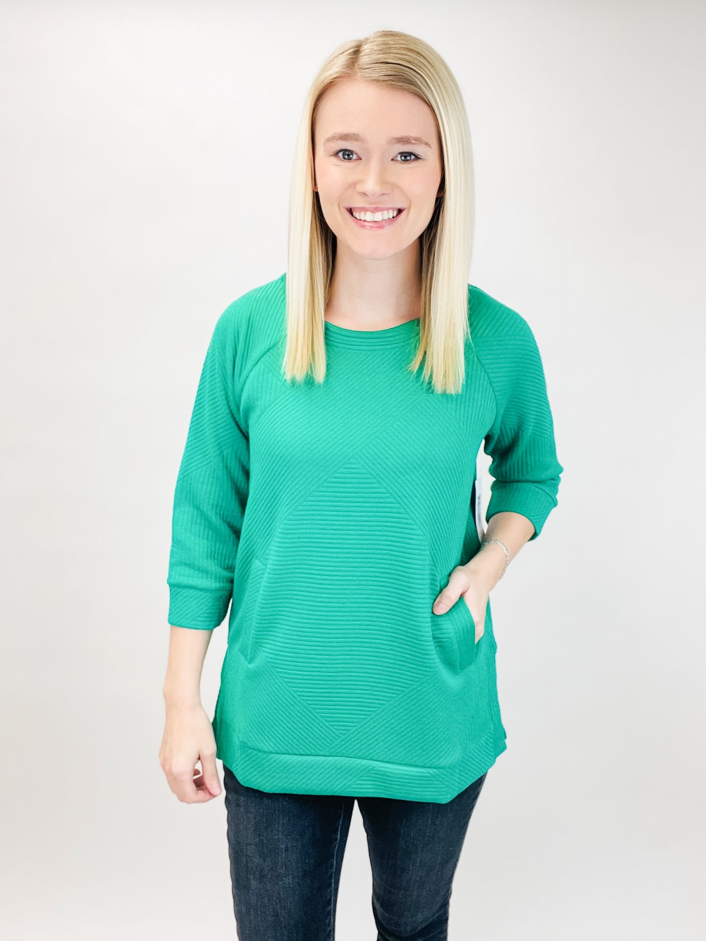 Kelly Green Quilted Knit Tunic With Kangaroo Pocket