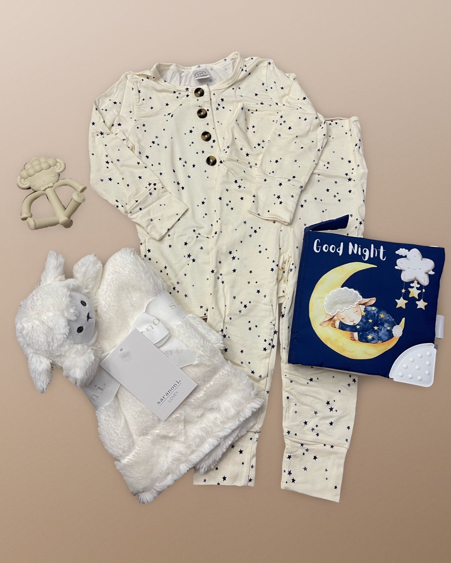 Baby Lou Lou & Company Star top + Bottom set lamb lovey blanket from saranoni, crinkle sweet dreams book and sheep teether toy.