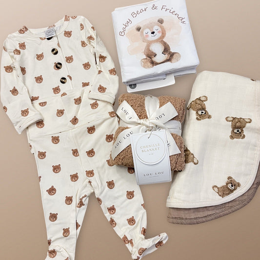 Baby Lou Lou & Company Teddy Top + bottom set with a crinkle bear book, bear burp cloths, a chenille soft mini blanket.