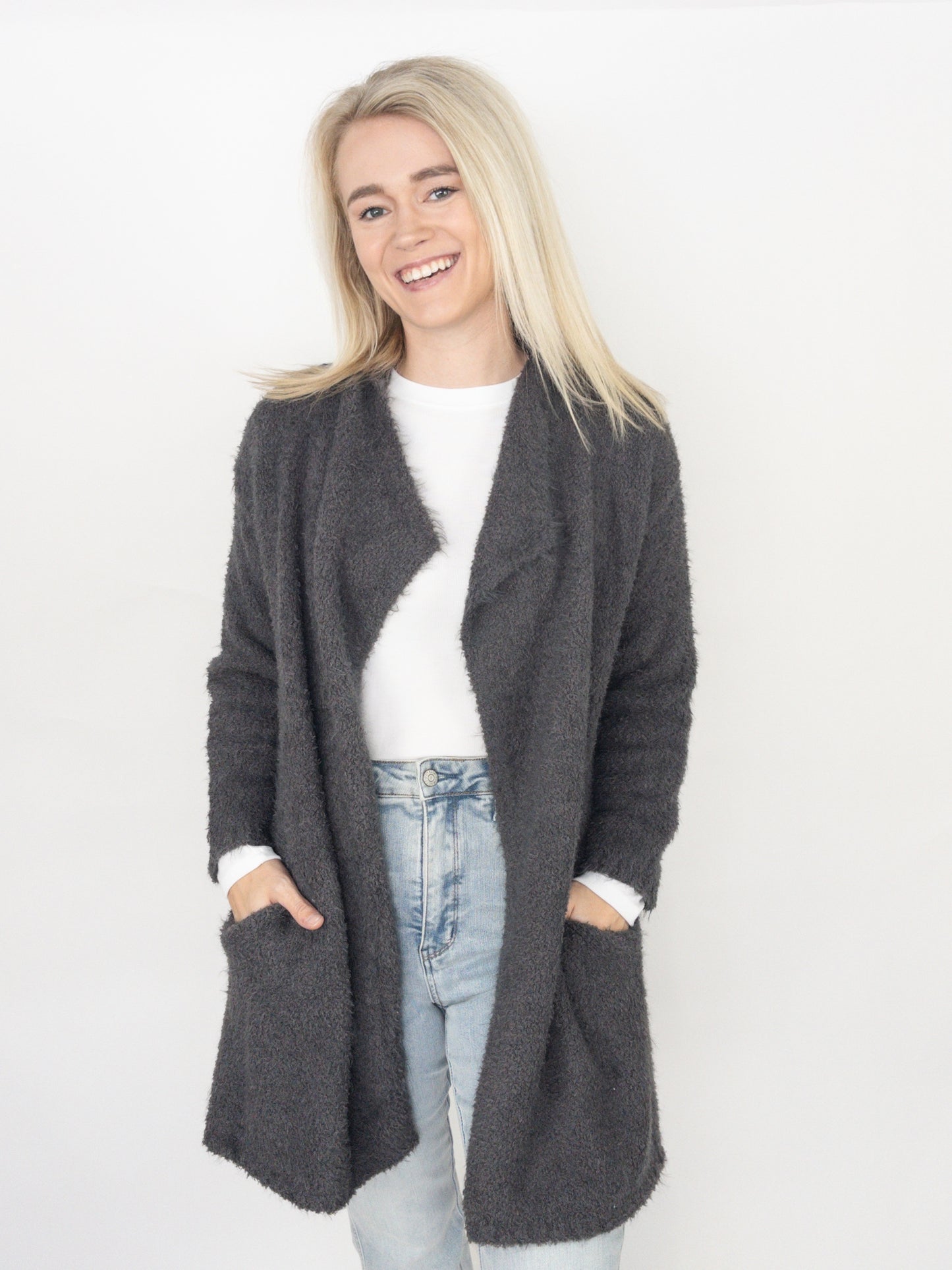 Soft Fuzzy Charcoal Drape Cozy Cardigan