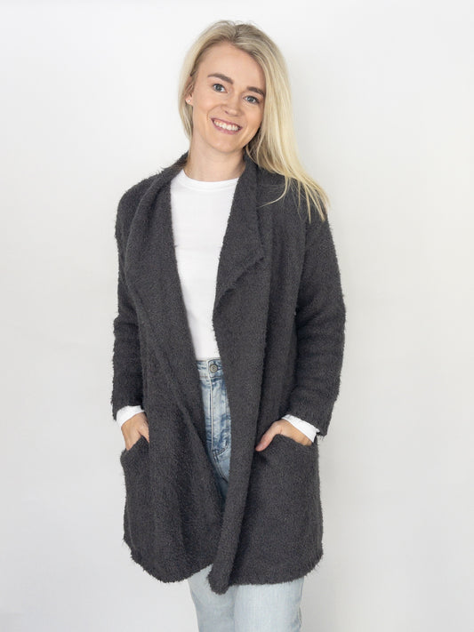 Soft Fuzzy Charcoal Drape Cozy Cardigan