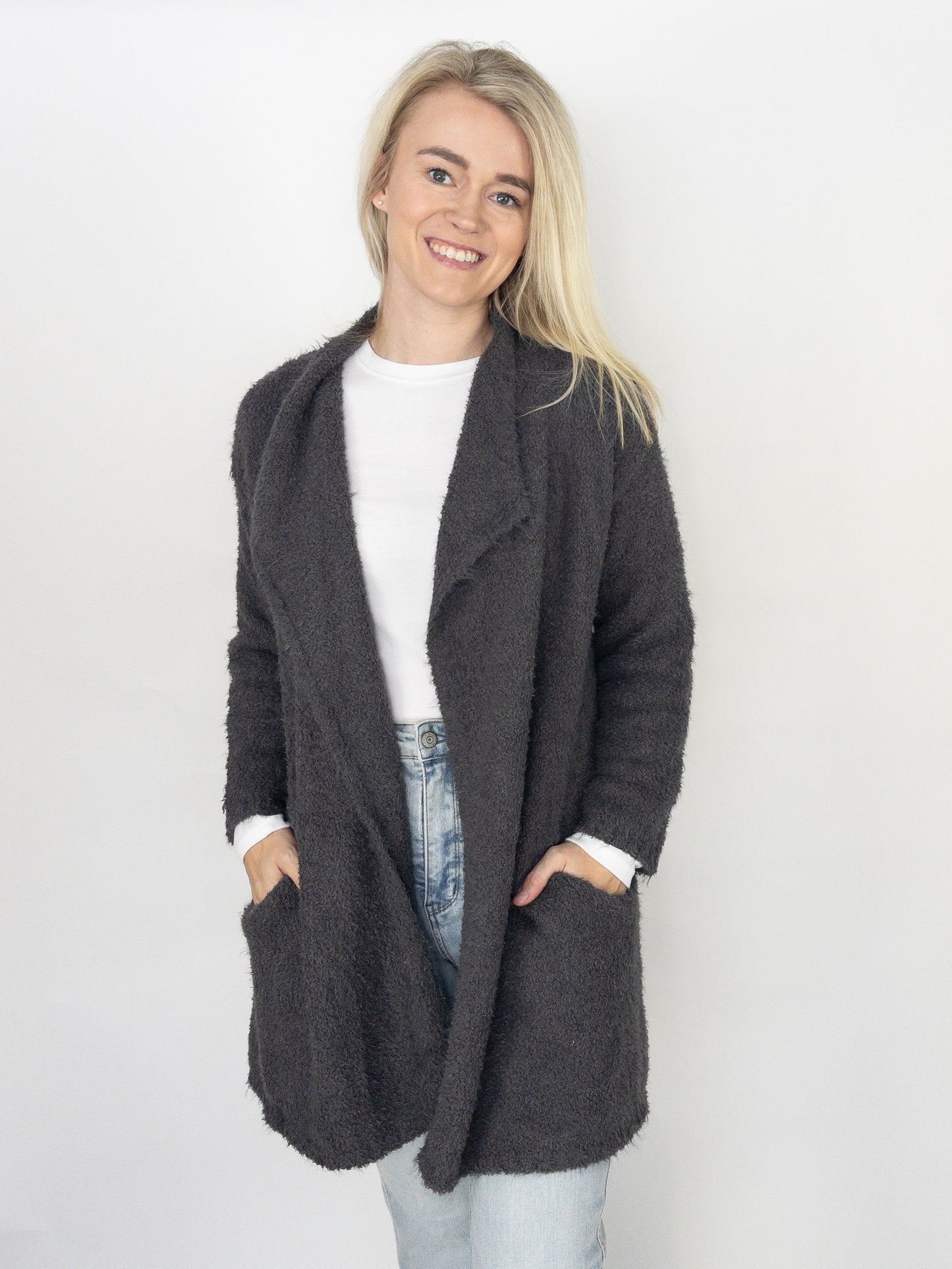 Soft Fuzzy Charcoal Drape Cozy Cardigan