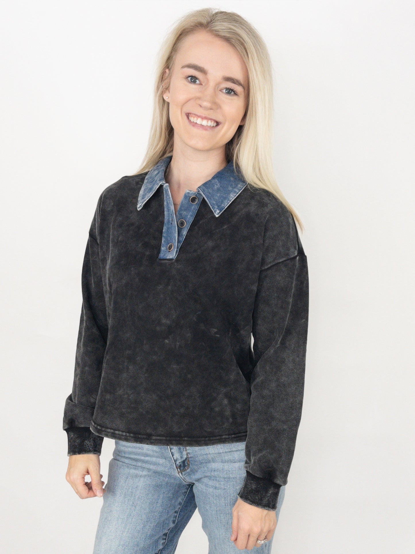 Black Denim Collar Washed Polo Shirt