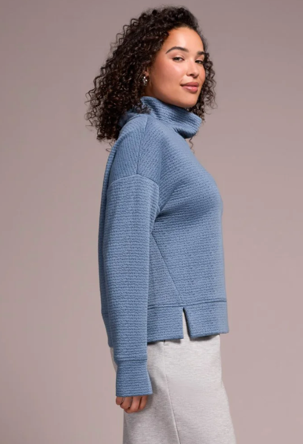 Puckered Knit Drop Shoulder Funnel Neck Top Slateblue