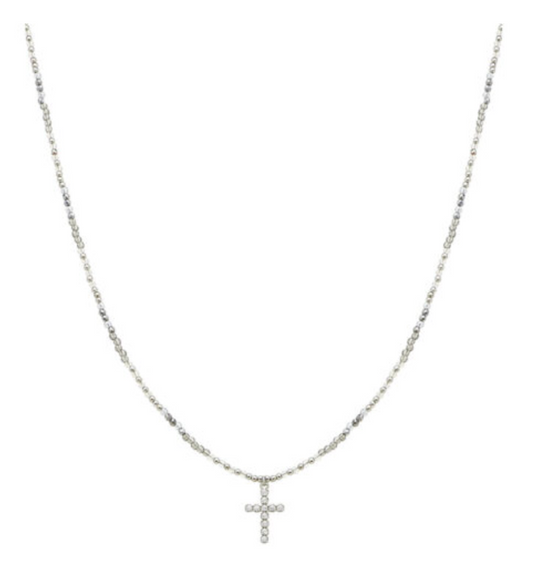 Grey/Silver Beaded Cross Necklace