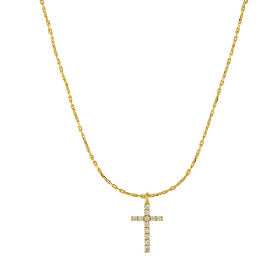 Gold necklace with a cross pendant on a white background