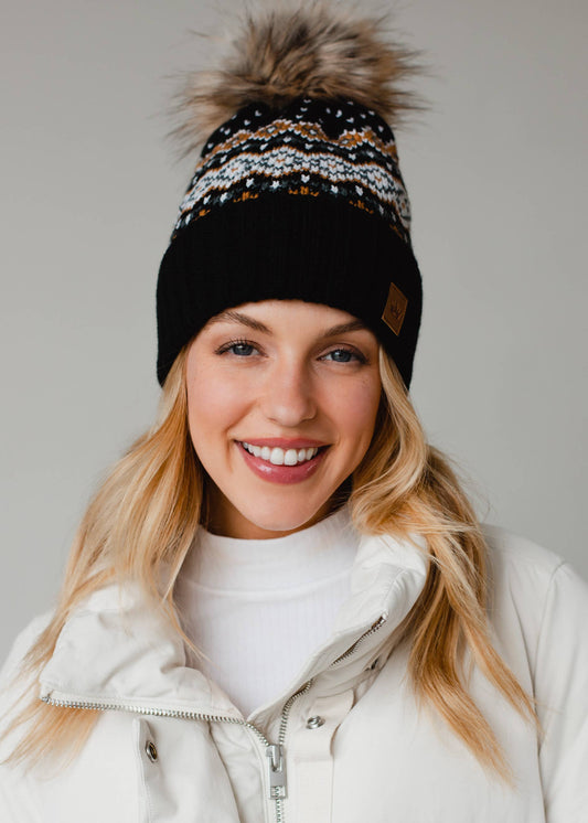 Black, White, Mustard & Blue Patterned Pom Hat