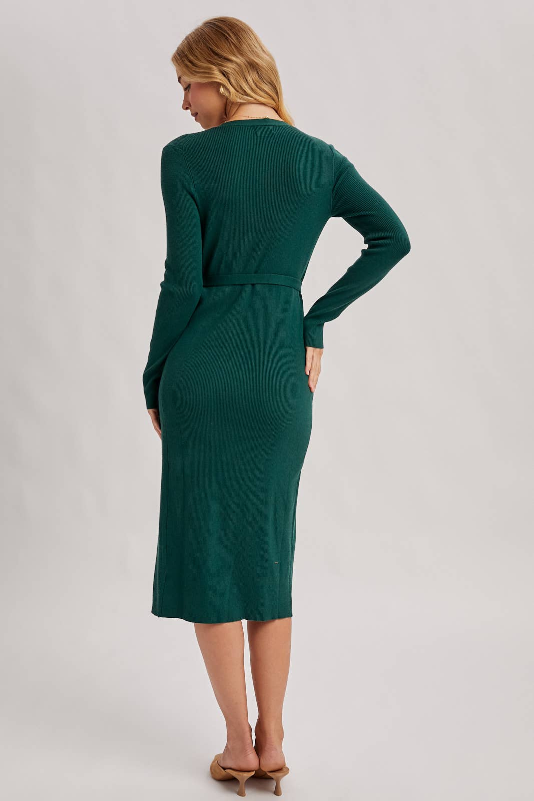 Hunter Green Ribbed Knit V-neck Wrap Midi Dress