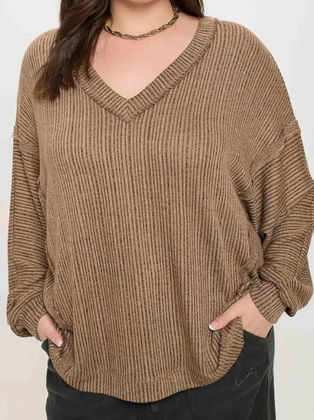 Brown Curvy Striped V Neck Top